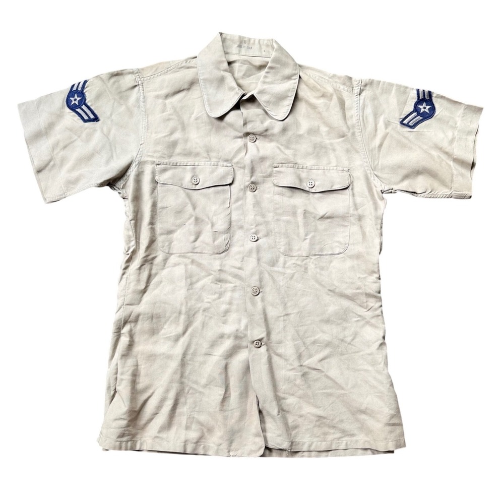 US Air Force Military Utility Shirt Men 16 Tan Good Airman Rank Patches Vintage